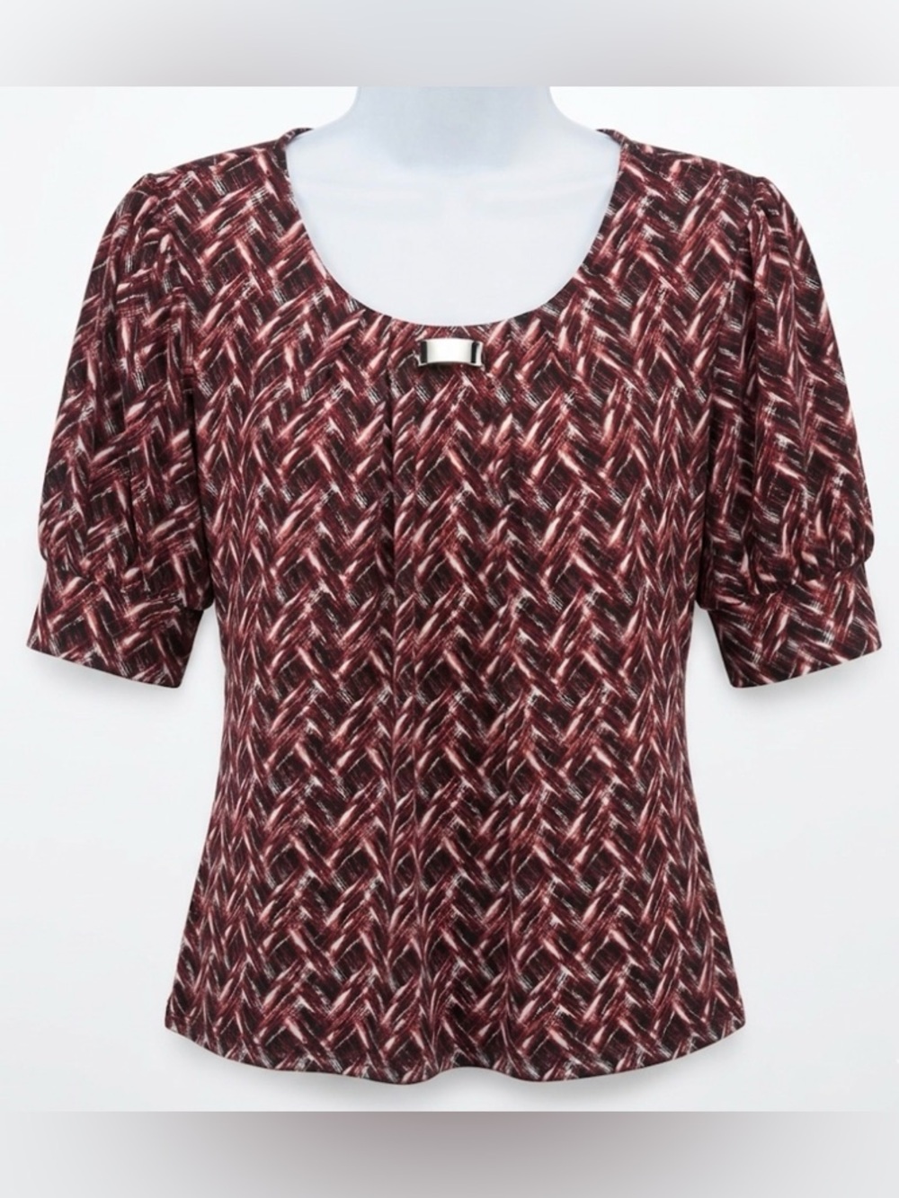 NY Collection NWT Petite Medium Abstract Print Puff Sleeve Top Burgundy Black